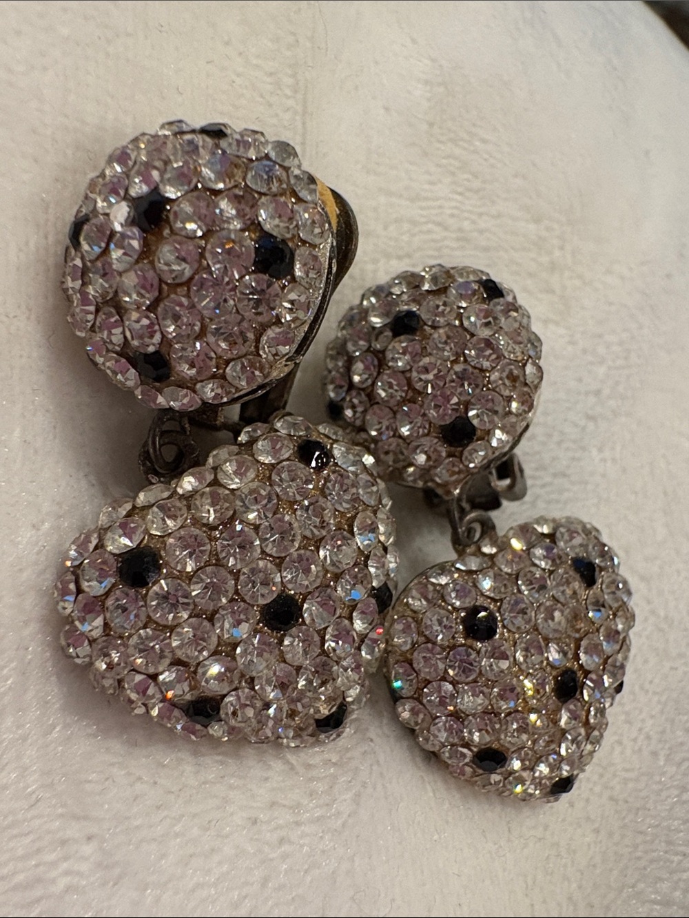 Vintage Black & Clear Drop heart Crystal Earrings New Clip